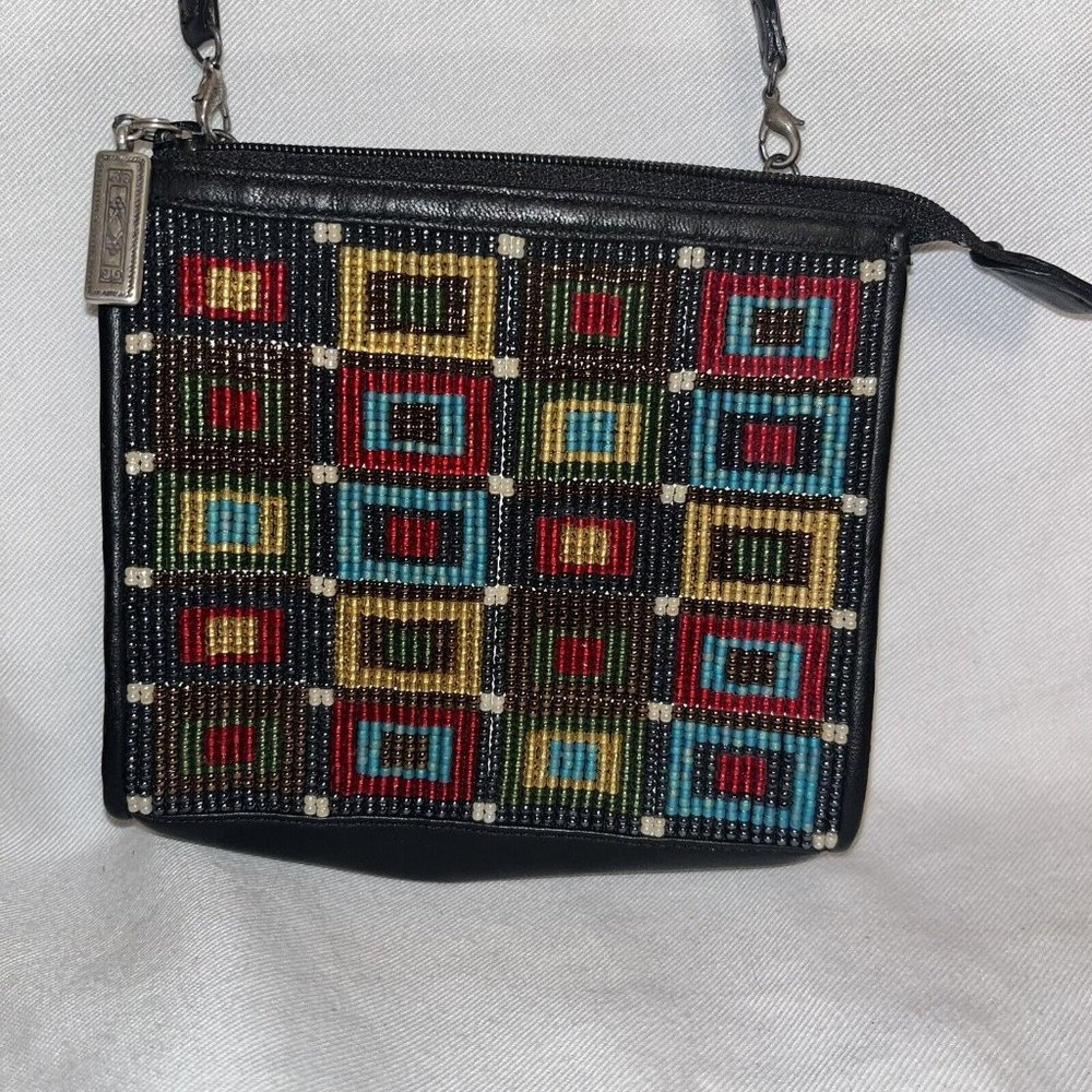 Brighton Geometric Beaded Bag Black Leather Braided Shoulder Strap Approx 5x5”